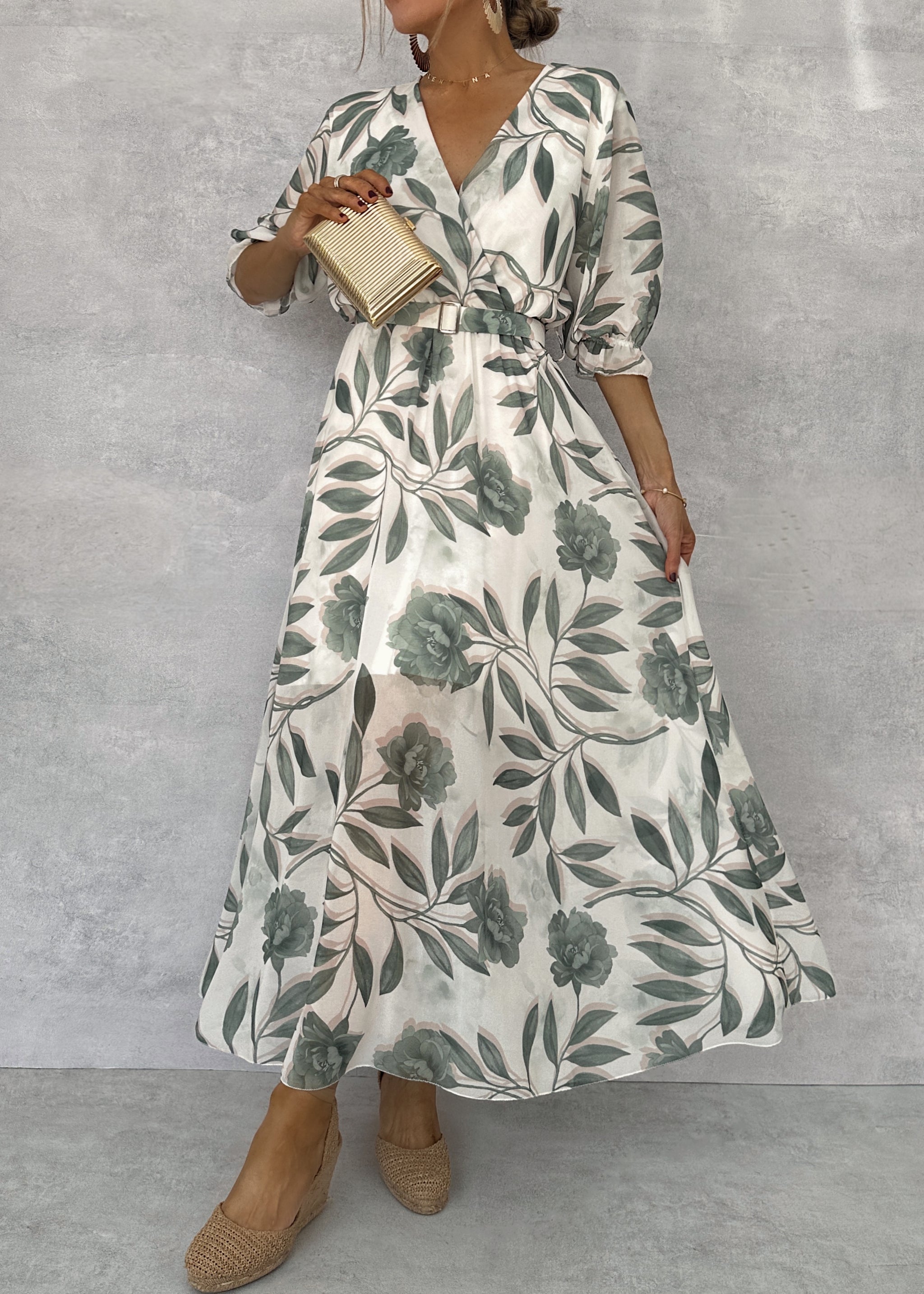 FIORRA Mehandi - Vestido Verde Georgette Con Estampado Floral